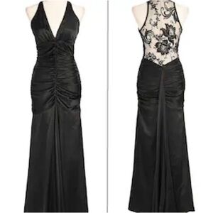 Jessica McClintock Black Satin Open Laced Back Mermaid Gown Size 6
